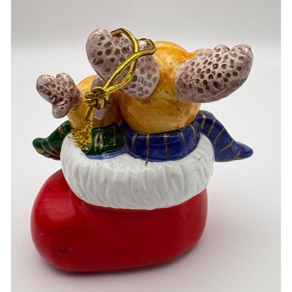 Vintage Reindeer in Stocking Christmas Tree Ornament Hand Painted Ceramic - Picture 2 of 7